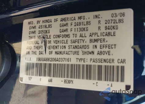 2006 Acura Tl from USA, damaged, VIN 19UUA66206A037161